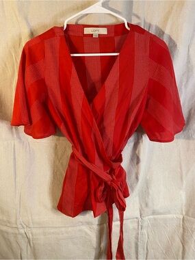 LOFT Red Striped Wrap Top with Tie